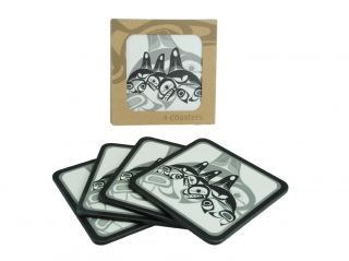 Coaster Set - Native American Design Coasters - Many Whale by Bill Helin - Set of 4 (Black and White)