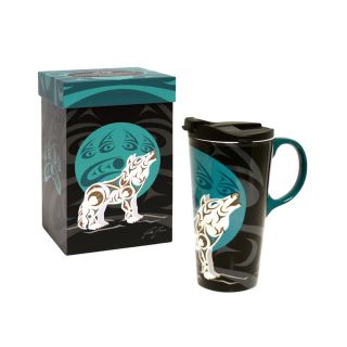 Native American - 17oz Ceramic Travel Mug With Handle - Howling Wolf by Darrell Thorne